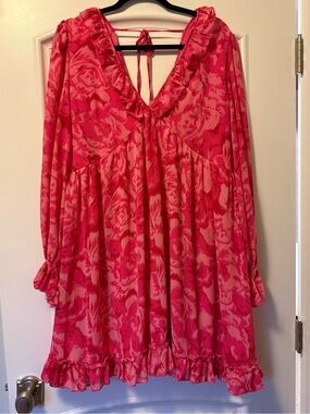 Pink Floral Ruffle V-Neck Women’s Midi Dress